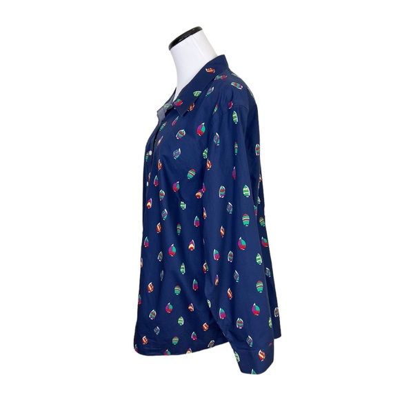 Lands End No Iron Supima Button Front Shirt 18W Sailboat Print Navy Blue - Picture 4 of 8
